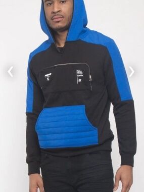 Black & Blue Quilted Pocket Hoodie Sweater Men's Size S